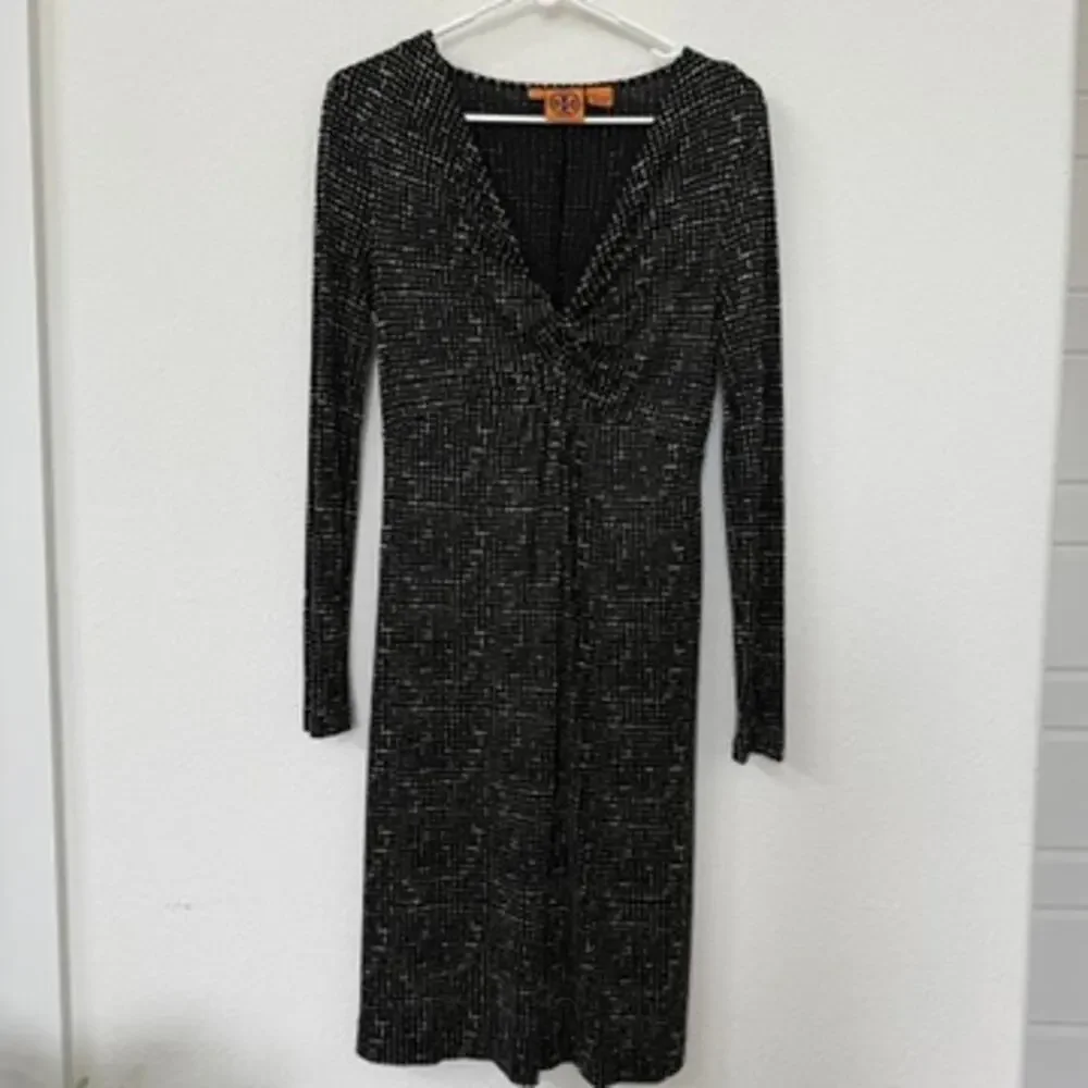 TORY BURCH Silk Knit Midi Dress Black‎ Ivory Dot Print Long Sleeve 100% Silk S